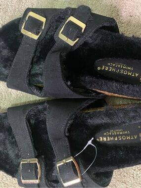 Atmosphere Black Fuzzy Slide Sandals with Gold Buckles